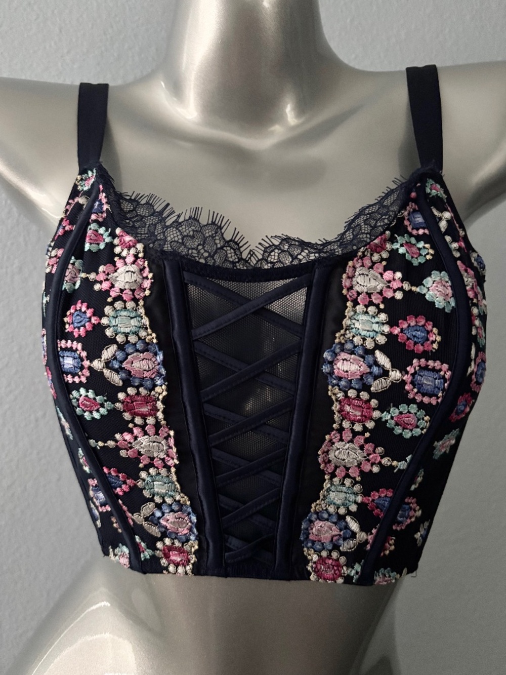 Victoria's Secret Bra Corset Long Lined Dream Angels Navy Blue Embroidered Small